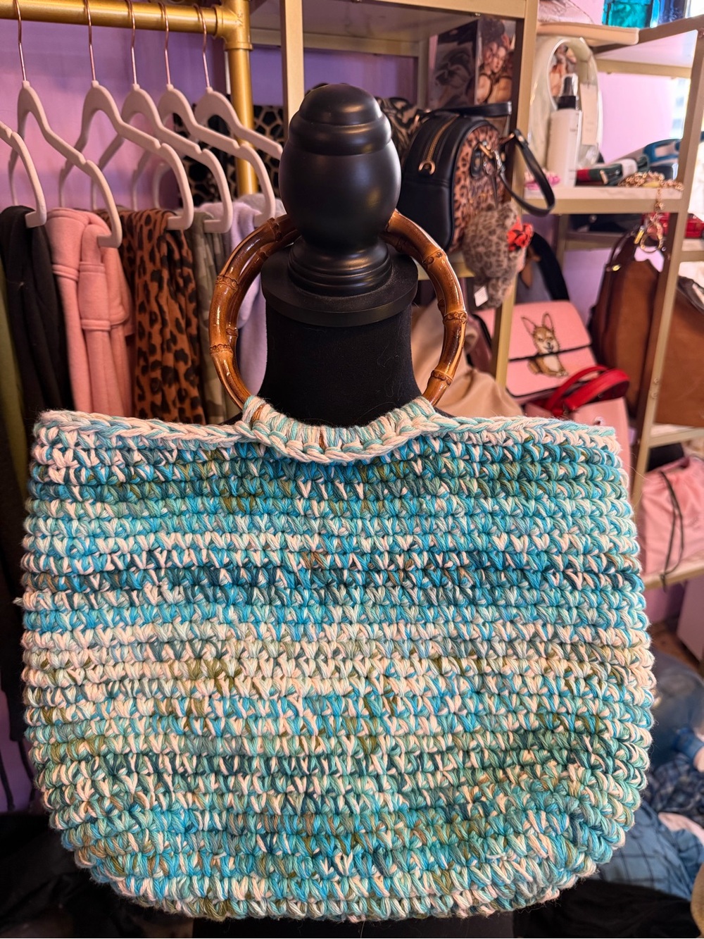Handmade Blue & White Crochet Tote with Bamboo Handles